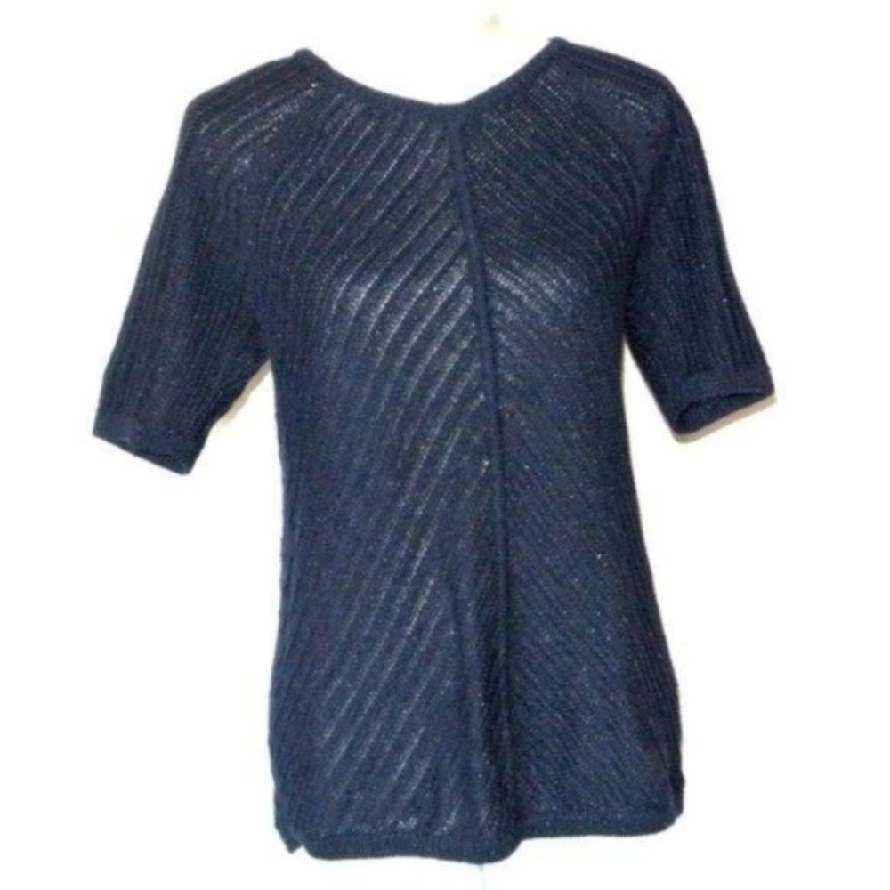 Talbots Blue Chunky Knit Short Sleeve Sweater Navy Shimmer M Medium